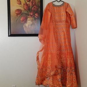 Women's Orange Long Sleeve Embroidered Maxi Dress for Indian Wedding